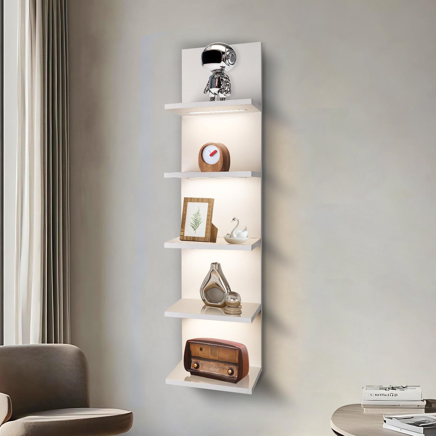 AskTag 5 Tier Wall Shelf Unit, White Shelves,Lack Shelf, Wall Shelves for Bedroom,Office,Bathroom, Vanity Shelves with LED Light