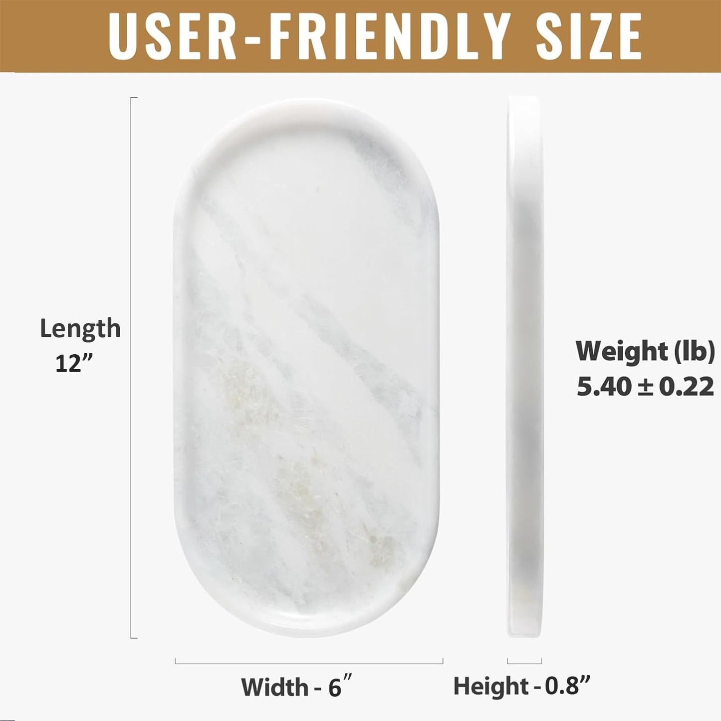 Koville African Natural Marble Decorative Tray, 12"x6" - Countertop Organizer, Catchall Tray for Perfume, Candles, Jewelry