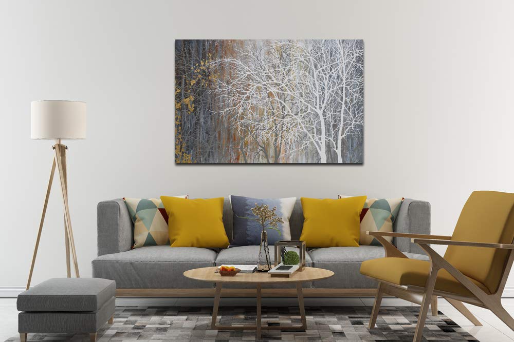 Yihui Arts Canvas Wall Art Hand Painted White Tree Pictures Brown Forest Painting Modern Abstract Landscape Nature Artwork for Bedroom Bathroom Home Office Living Room Decorations