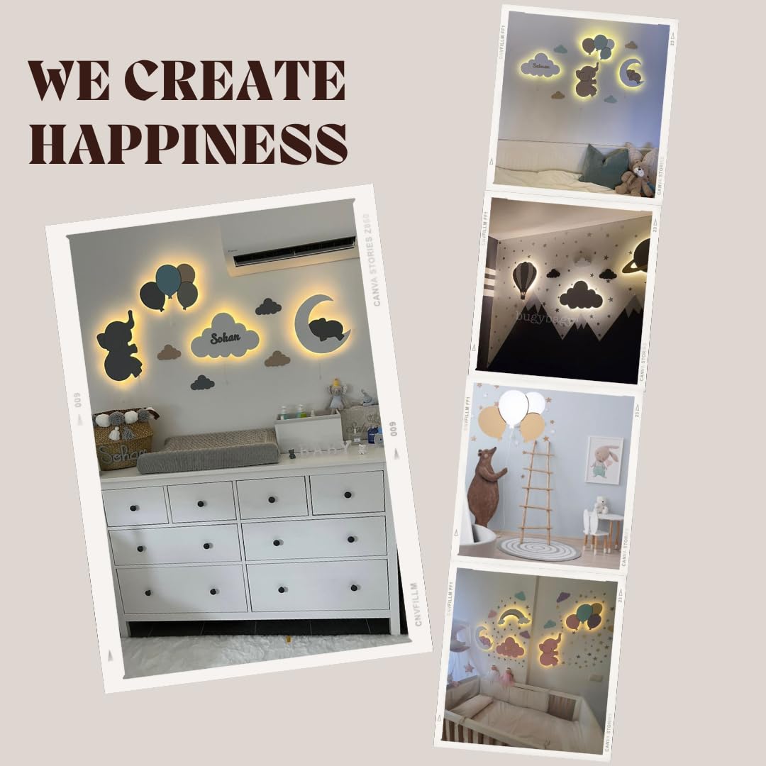 BugyBagy Nursery Wall Lamp Set β 3 Hand Painted Night Lights for Baby Room (Hot Air Balloon, Cloud, Elephant on Moon) + Bonus Wall Stickers β Soft Linen Colors Pink or Blue (Beige Theme 2)