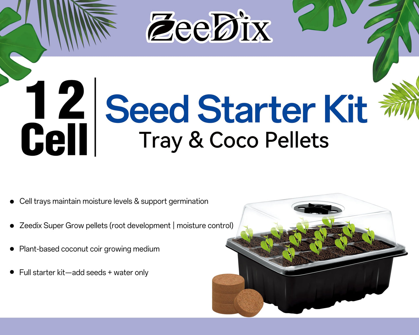 ZeeDix 10 Set Seed Starter Tray Kits, 10 Pack Seed Trays with 150 Pack Coco Coir Pellets, Adjustable Humidity Germination Tray with Dome Lids for Indoor Plants, Mini Greenhouse for Vegetables Garden