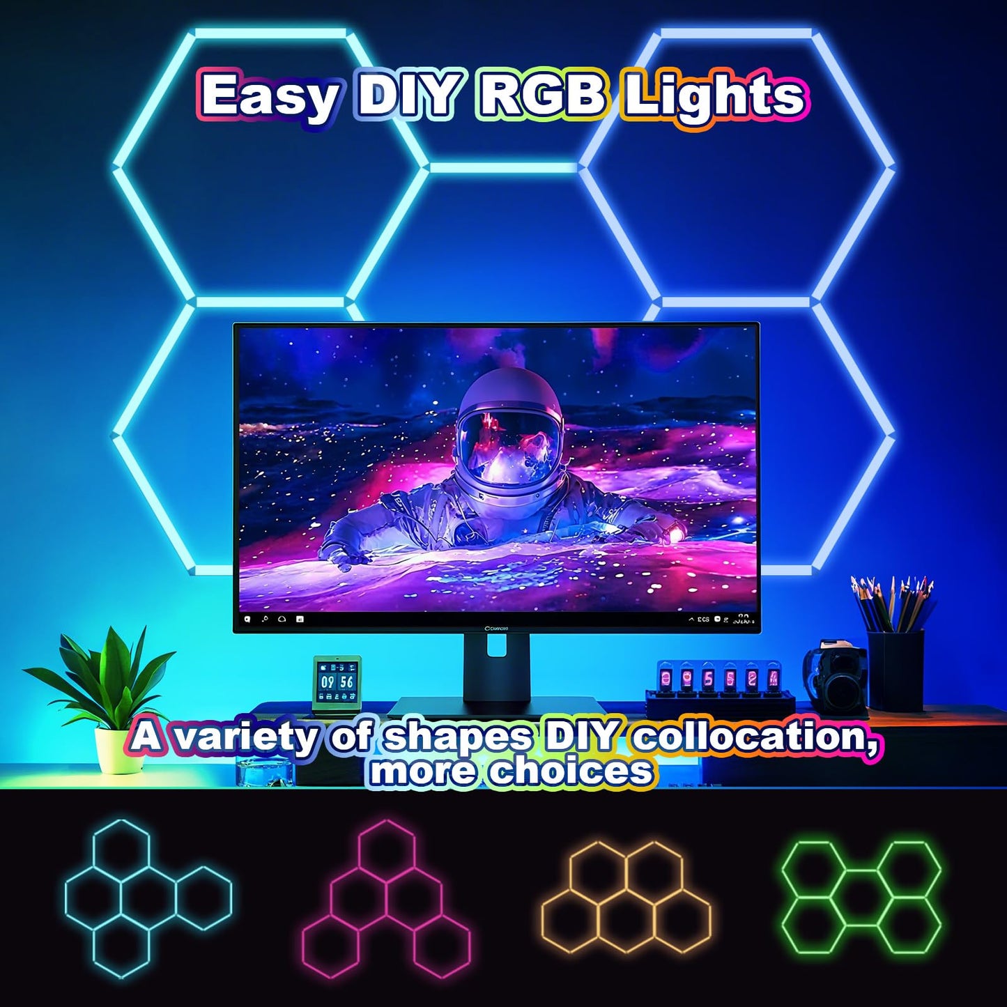 Hexagon LED Lights RGB,Hexagon Garage Lights Color Changing, Dimmable Linkable DIY with Music Sync, Adjustable Speed Hex Lighting for Gaming Room, Bar Club, Home Party, Gym (5 hex)