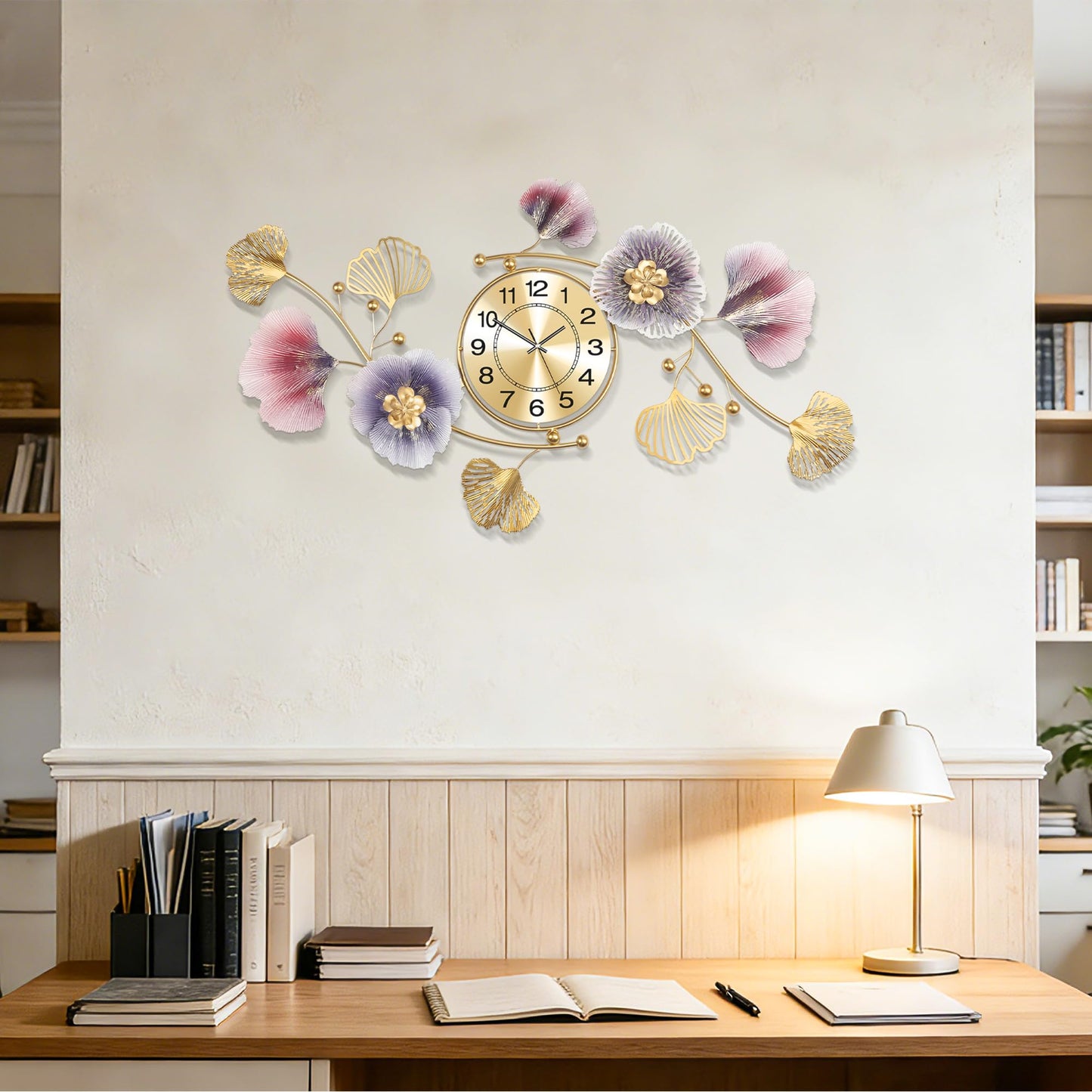 Axioglo Wall Clocks for Living Room Decor,Large Wall Clock,3D Creative Metal Ginkgo Leaf Design,with Silent Movement Wall Clocks for Home Wall Decor Clock(33"x18")