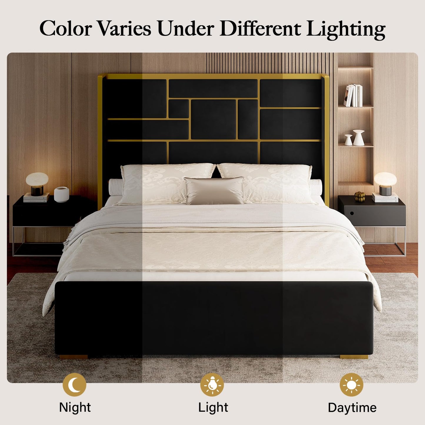 Uteeran King Size Bed Frame with 55.12" Tall Headboard, Modern Luxury Velvet Upholstered Platform Bed with Gold Trim, Wide Wingback Design, Noise-Free, Easy Assembly, No Box Spring Needed, Black