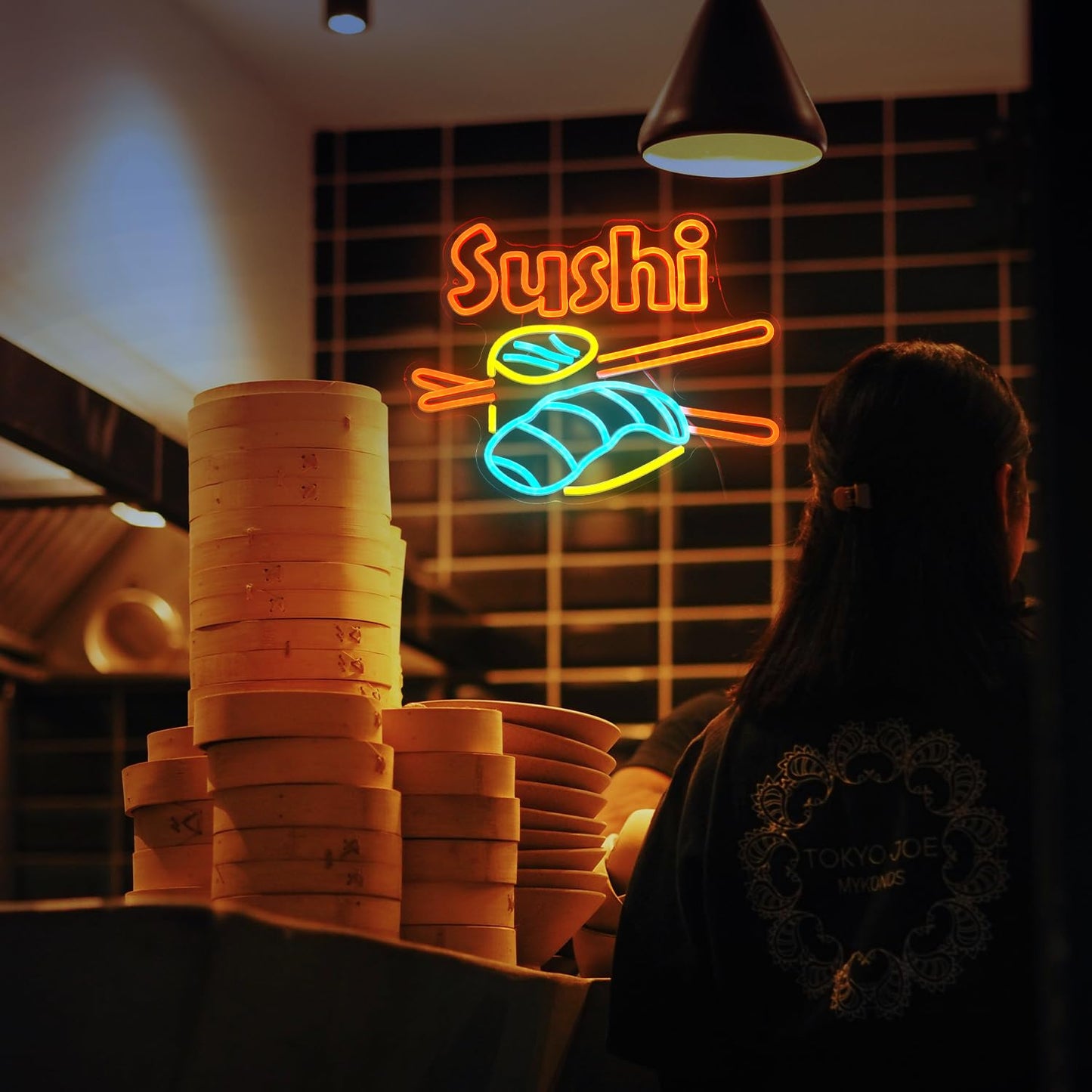 Dimmable Sushi Neon Sign 16.5 * 12.6 Inch LED Sushi Light Up Sign For Wall Decor USB Powered Japanese Neon Light for Sushi Shop Restaurant Home Kitchen Party (Yellow Ice Blue Orange)