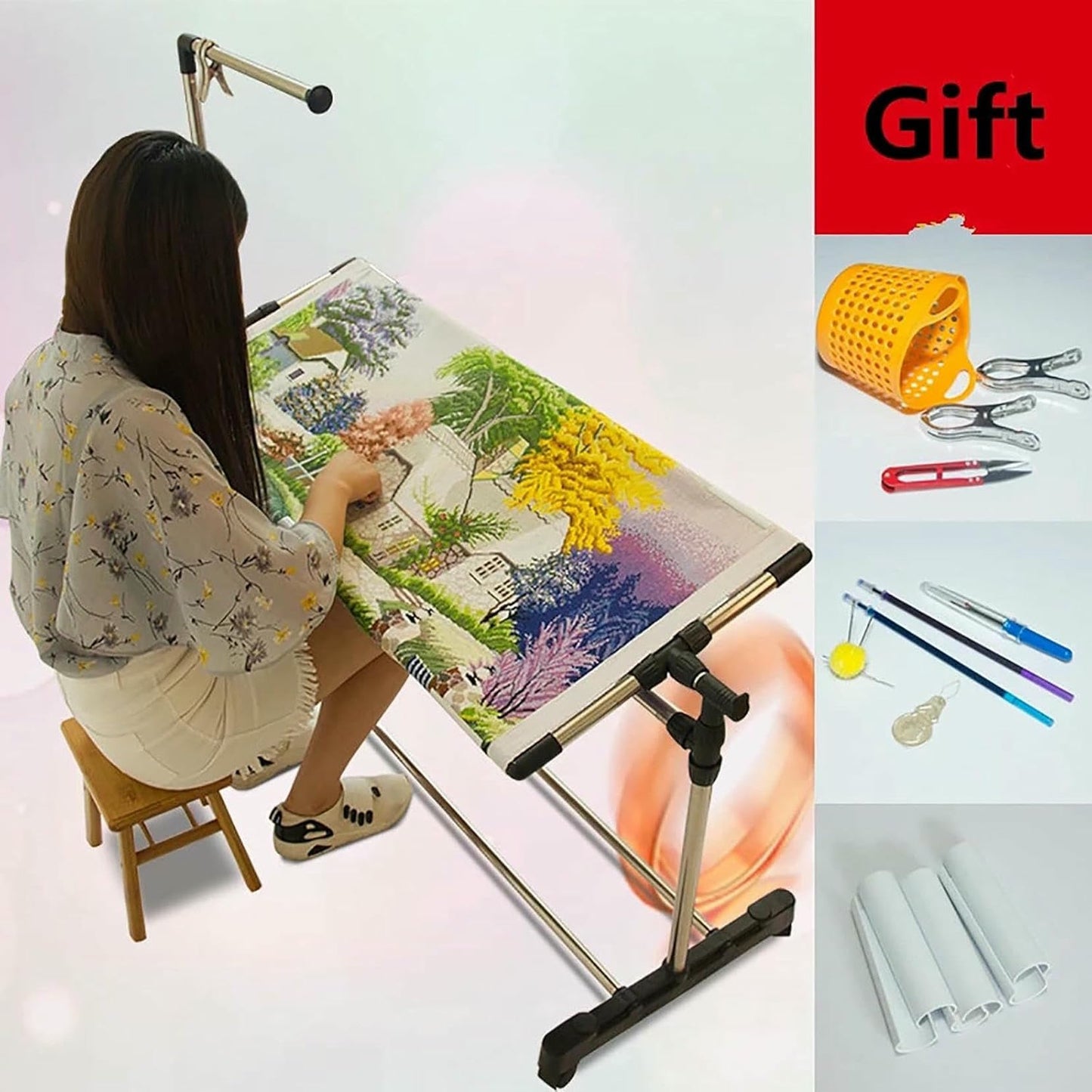 Height Adjustable Cross Stitch Craft Stand - Adjustable Embroidery Stand with Needlework Floor Frame for Art Sewing - Standing Embroidery Lap Table and Holder for Needlepoint~/