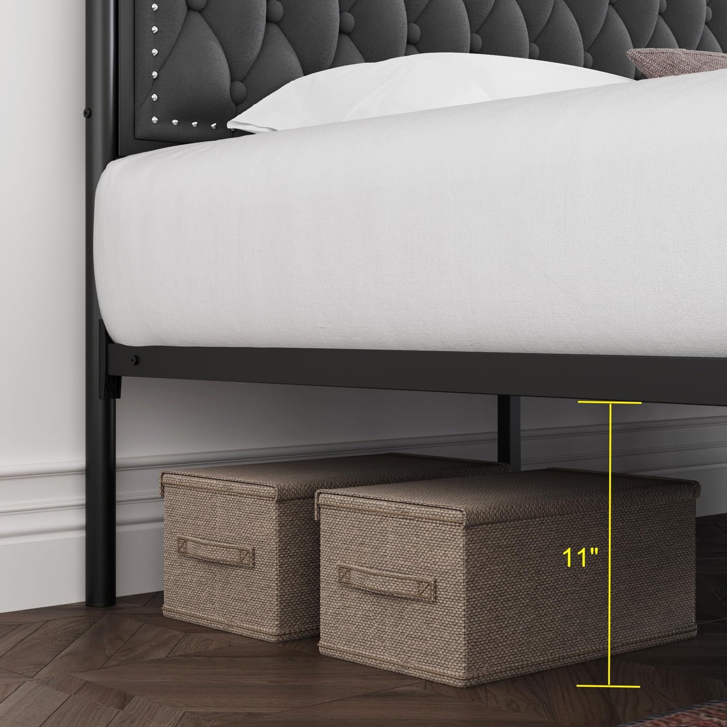 Keyluv Queen Upholstered Canopy Bed Frame with 2 Storage Drawers & Button Tufted Headboard, Metal Platform Bed with 4 Removable Posts, Two-Purpose Velvet Bed, Dark Grey/Curtain Not Included