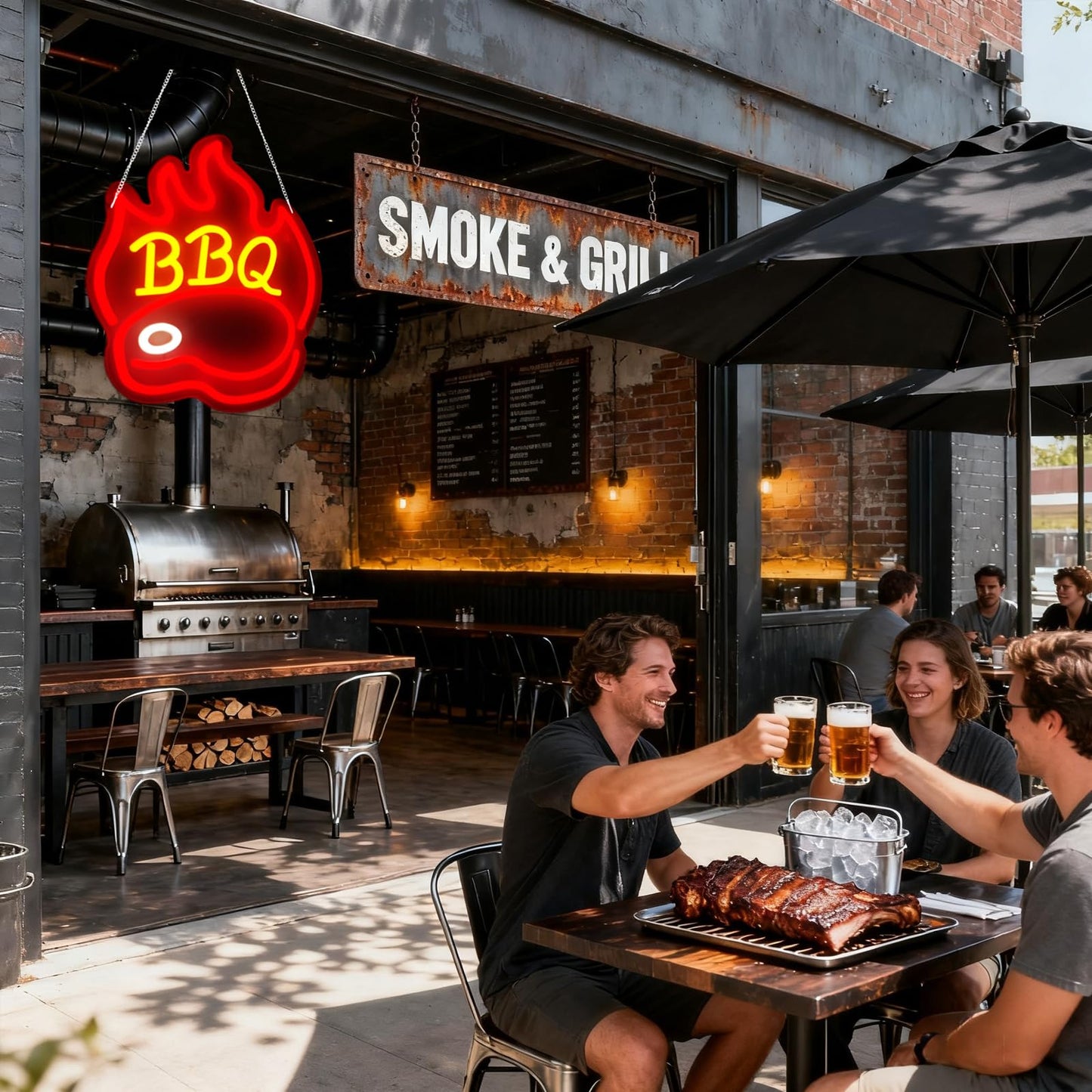 BBQ Neon Signs for Backdrop wall decor,Dimmable USB Powered,Barbecue Neon Light Up Home Party restaurant Grill Beer Bar Decoration Lights, Bright LED bbq sign (14.8"*12.2"in)