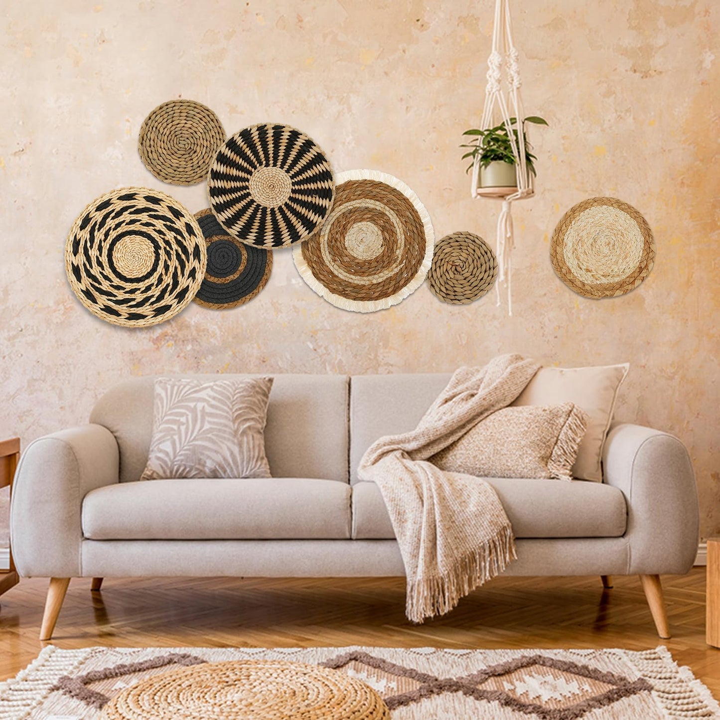 PieJoFpy 7 Pcs Boho Wall Art Decor Hanging Handcrafted Seagrass Woven Basket Wall Decor Round Bohemian Basket Wall Art Set for Farmhouse Home Room Rustic Decorations Table, Multi Sizes