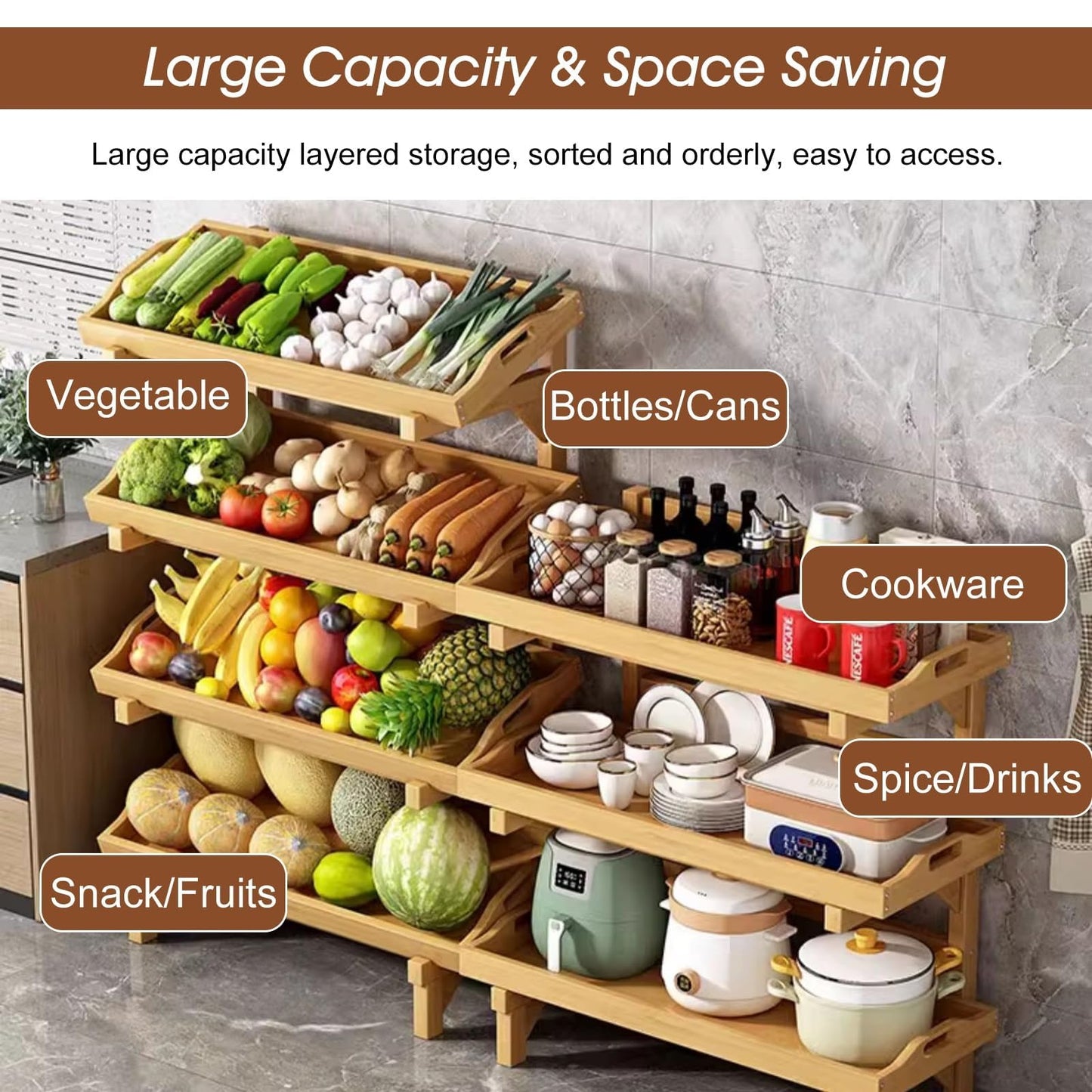 MDYHY Wooden Fruit and Vegetable Storage Basket , 4 Tier Commercial Retail Rack Display Stand for Home Kitchen Pantry, Free Standing Snack Shelf