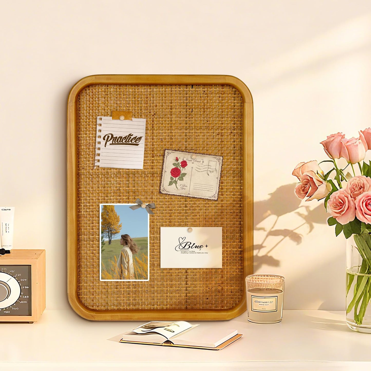 Umtiti 13" x 17" Bulletin Board, Round-Edged Rectangle Cork Board,Wooden Frame with Boho Style Rattan Wall Organizer,3343Teng
