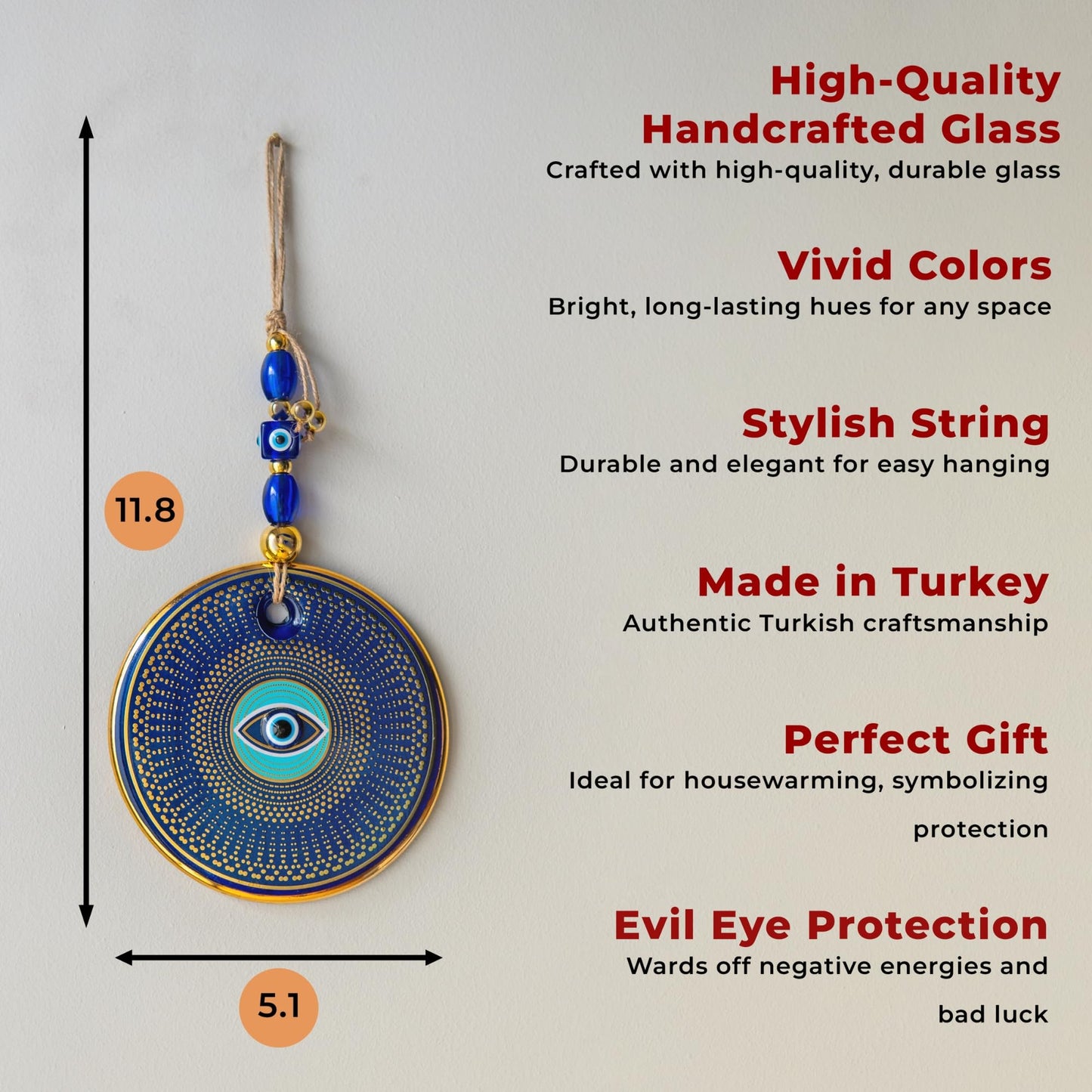 Orenda-Turkish Evil Eye Wall Hanging, 5.1 in Diameter, Handmade Glass Nazar โ Protection and Good Luck for Home, Office, or Gifts