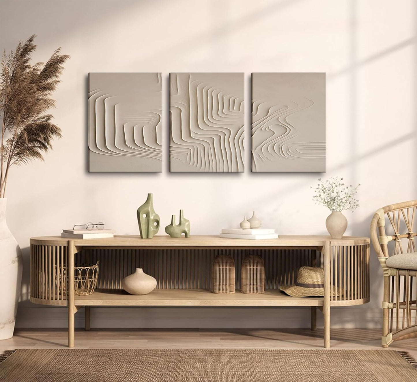 3Pcs Framed Beige Cream Abstract Textured Line Art Curved Canvas Wall Art Prints Posters Pictures Paintings Wall Decor for Minimalist Boho Living Room Bedroom Office Decoration