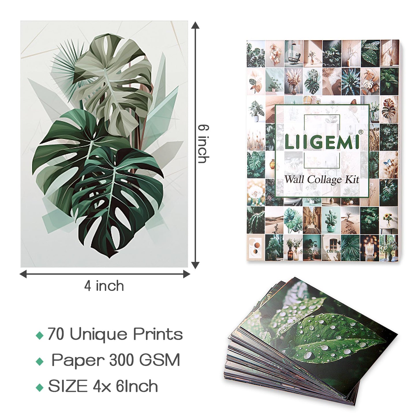 LIIGEMI 70PCS Botanical Wall Collage Kit Aesthetic Pictures, Photo collage kit, Bedroom Decor for Teen Girls, VSCO Girls Bedroom Decor, Aesthetic Posters,70 Set 4x6 Inch (Green)