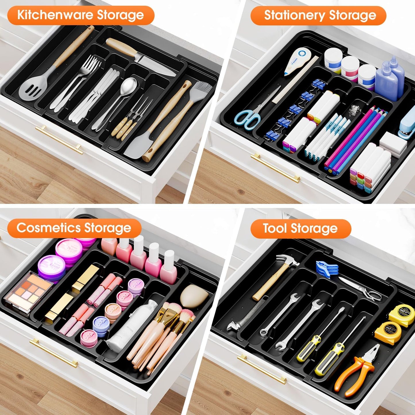 SpaceHacks Silverware Organizer,Adjustable & Expandable Utensil Drawer Organizer, BPA Free Utensil Holder, Cutlery Tray for Forks, Spoons, Knives in Kitchen, Medium, Black