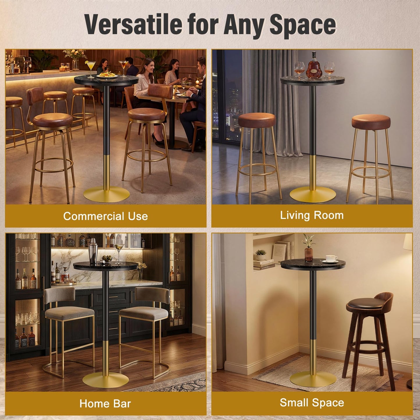 Modern Round Marble Bar Table, 22" Black Marble Top Pub Table with Gold Metal Base, Tall Bistro Table for Home Bar, Kitchen, Dining, Small Spaces, 37'' Bar Height