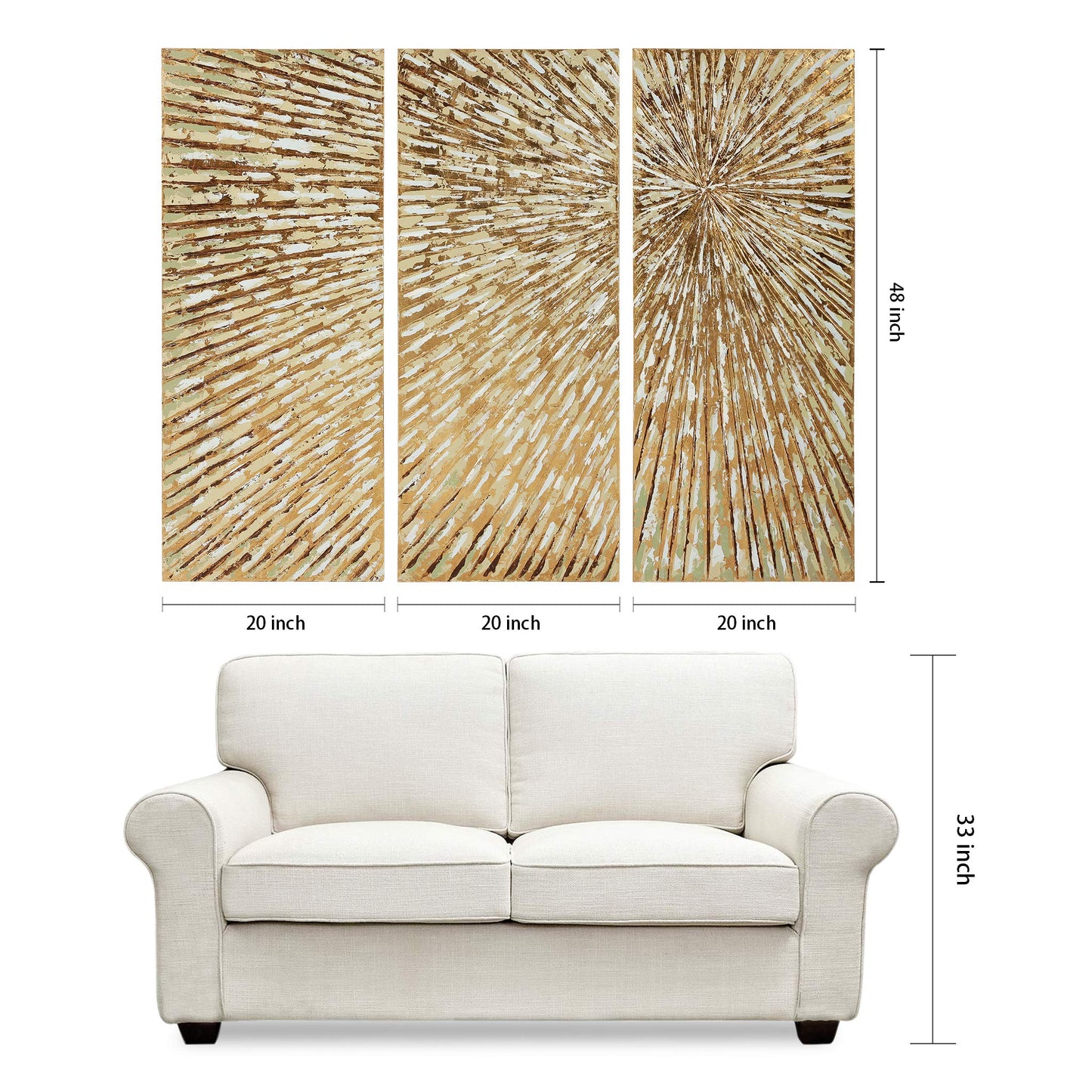 Empire Art Direct Gold Wall Art Textured Hand Painted Canvas by Martin Edwards, Triptych, 48" x 20" each, Sunshine