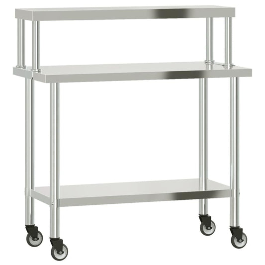 Stainless Steel Kitchen Work Table with Overshelf and Wheels, 43.3 x 21.7 Inch Commercial Prep Station for Restaurant, Home, Garage, Utility Cart