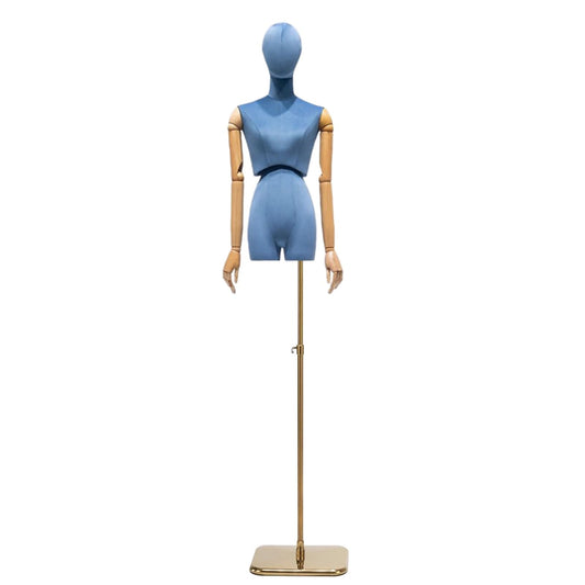 Premium Female Mannequin Rotatable Head/Torso, Solid Wood Arms Dress Form Sewing Mannequin , Heavy-Duty Adjustable Metal Base(Blue)
