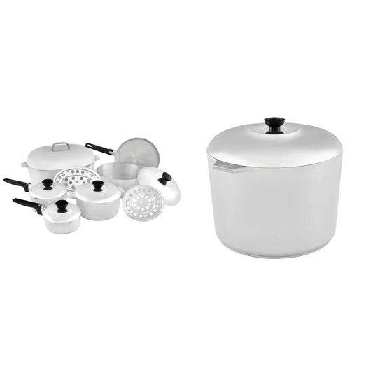 IMUSA USA Heavy Duty 13-Piece Cast Aluminum Cajun Cookware Set, Silver & USA Heavy Duty Cajun Aluminum Stock Pot 14 Quart, Silver