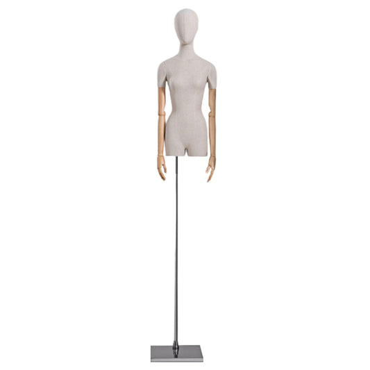 CZCZC Countertop Premium Mannequin with Metal Stand,Linen Female Mannequin,Adjustable Dress Mannequin,Flexible Form Mannequin Torso Wooden Arm Display