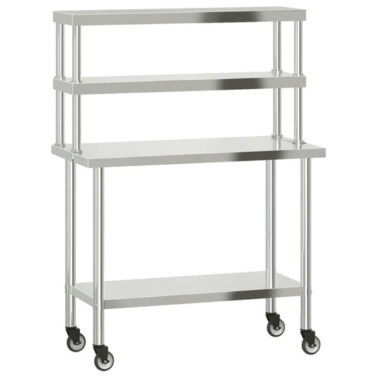 Stainless Steel Kitchen Prep Work Table with Overshelf, Rolling Food Preparation Station with 2-Tier Storage Shelf, Mobile Commercial Utility Cart for Restaurant Catering 43.3x21.7x59.1 Inches