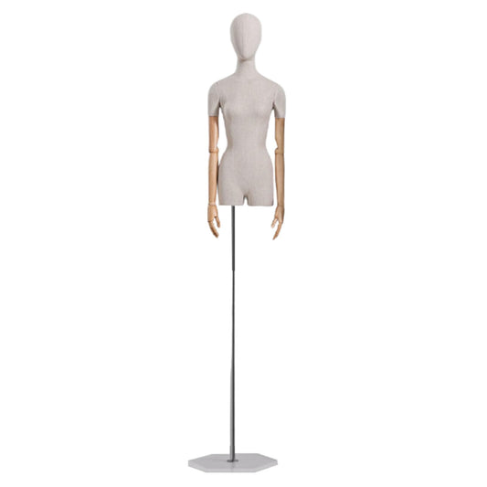 CZCZC Countertop Premium Mannequin with Metal Stand,Linen Female Mannequin,Adjustable Dress Mannequin,Flexible Form Mannequin Torso Wooden Arm Display