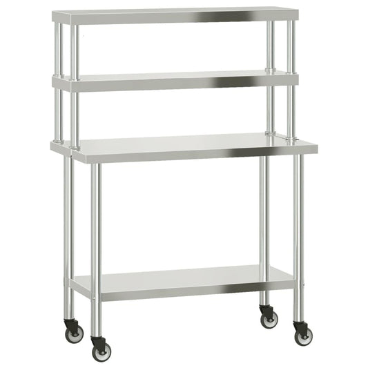 ZXQVLMRS Stainless Steel Kitchen Prep Table with Overshelf, Rolling Work Station with Wheels, Commercial Food Preparation Table for Restaurant Home Catering 43.3 x 21.7 x 59.1 Inches