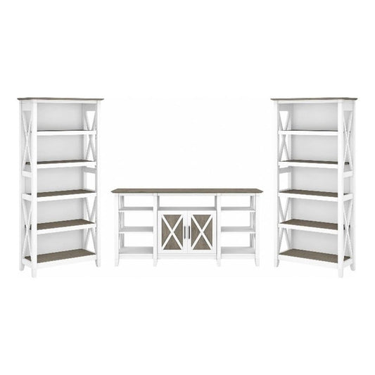 Bush Furniture Key West Tall TV Stand with Set of 2 Bookcases, Farmhouse Entertainment Center for 65 Inch Television, 17D x 60W x 66H, Pure White and Shiplap Gray
