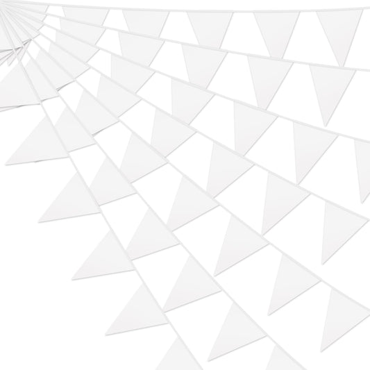 4P White Party Decorations - Metallic Fabric Triangle Pennant Banner Flags - Indoor/Outdoor Bunting Garland for Birthday, Wedding, Graduation & Theme Parties