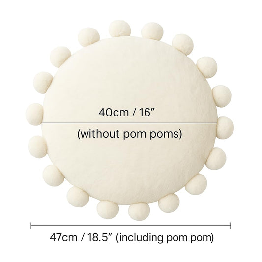 Volple Round Pom Pom Floor Cushion–Soft Faux Rabbit Fur Floor Pillow for Adults & Kids,16" Plush Decorative Cushion Boho Throw Pillows for Living Room,Bedroom, or Bay Window–Ivory