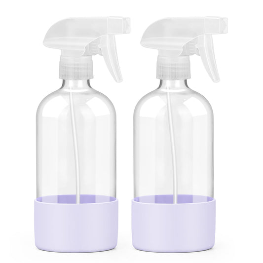 Worldgsb 2 Pack Glass Spray Bottles with Silicone Sleeve, 16 oz Empty Refillable Containers with Adjustable Spray Nozzles, Spray Bottles for Hair, Cleaning Solutions and Plants Purple