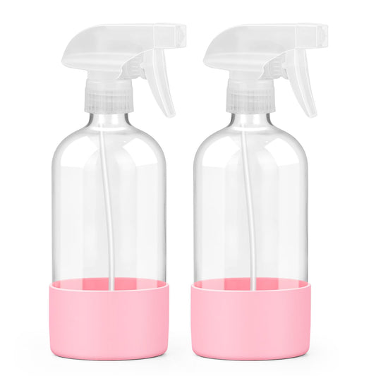 Worldgsb 2 Pack Glass Spray Bottles with Silicone Sleeve, 16 oz Empty Refillable Containers with Adjustable Spray Nozzles, Spray Bottles for Hair, Cleaning Solutions and Plants Pink