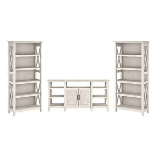 Bush Furniture Key West Tall TV Stand with Set of 2 Bookcases, Farmhouse Entertainment Center for 65 Inch Television, 17D x 60W x 66H, Linen White Oak