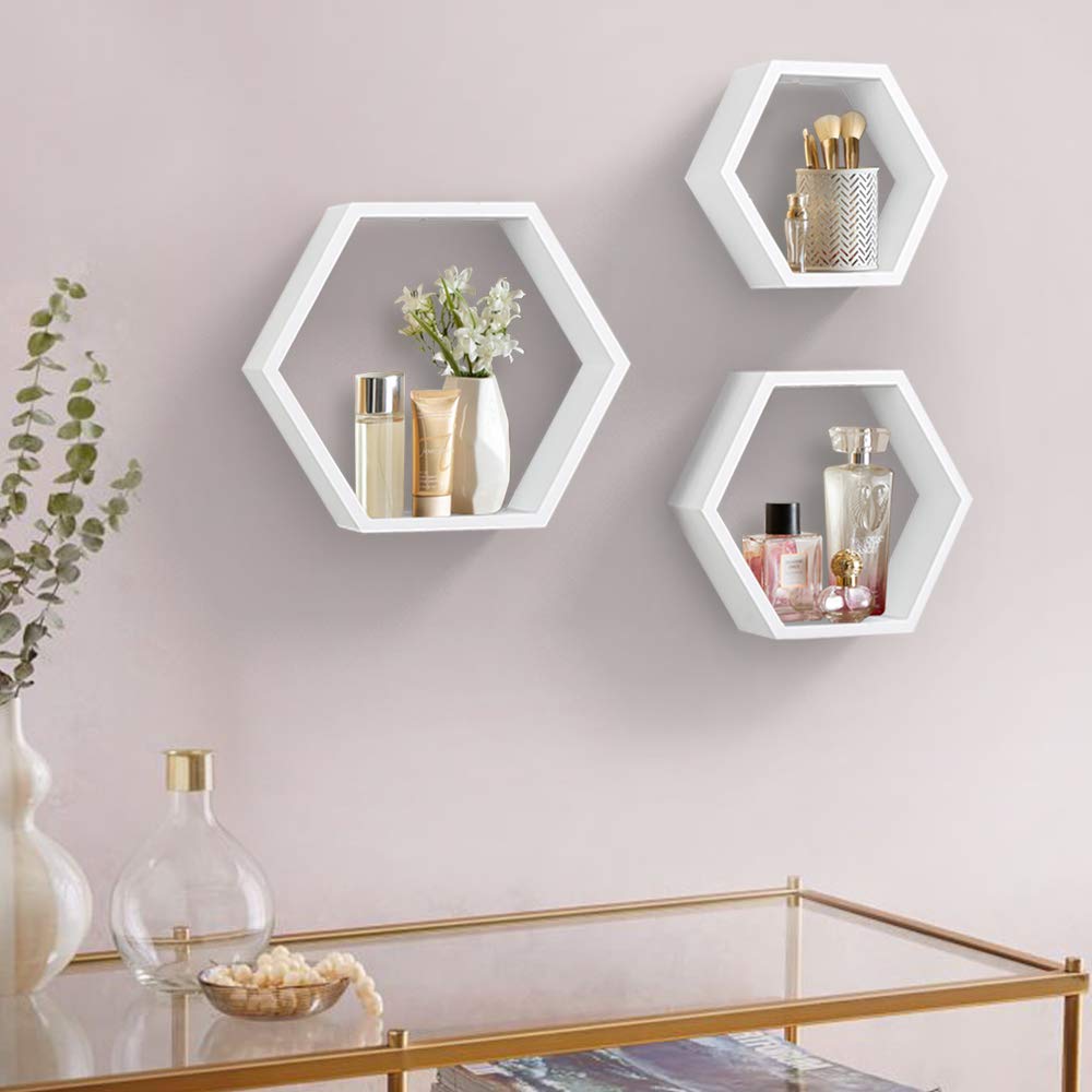 ROSE BLOOM Set of 3 White Wood Hexagon Shelves for Wall Decor - Farmhouse Honeycomb Shelves for Living Room Decor, Kitchen Storage, Mounted Storage - Durable, Stylish & Versatile