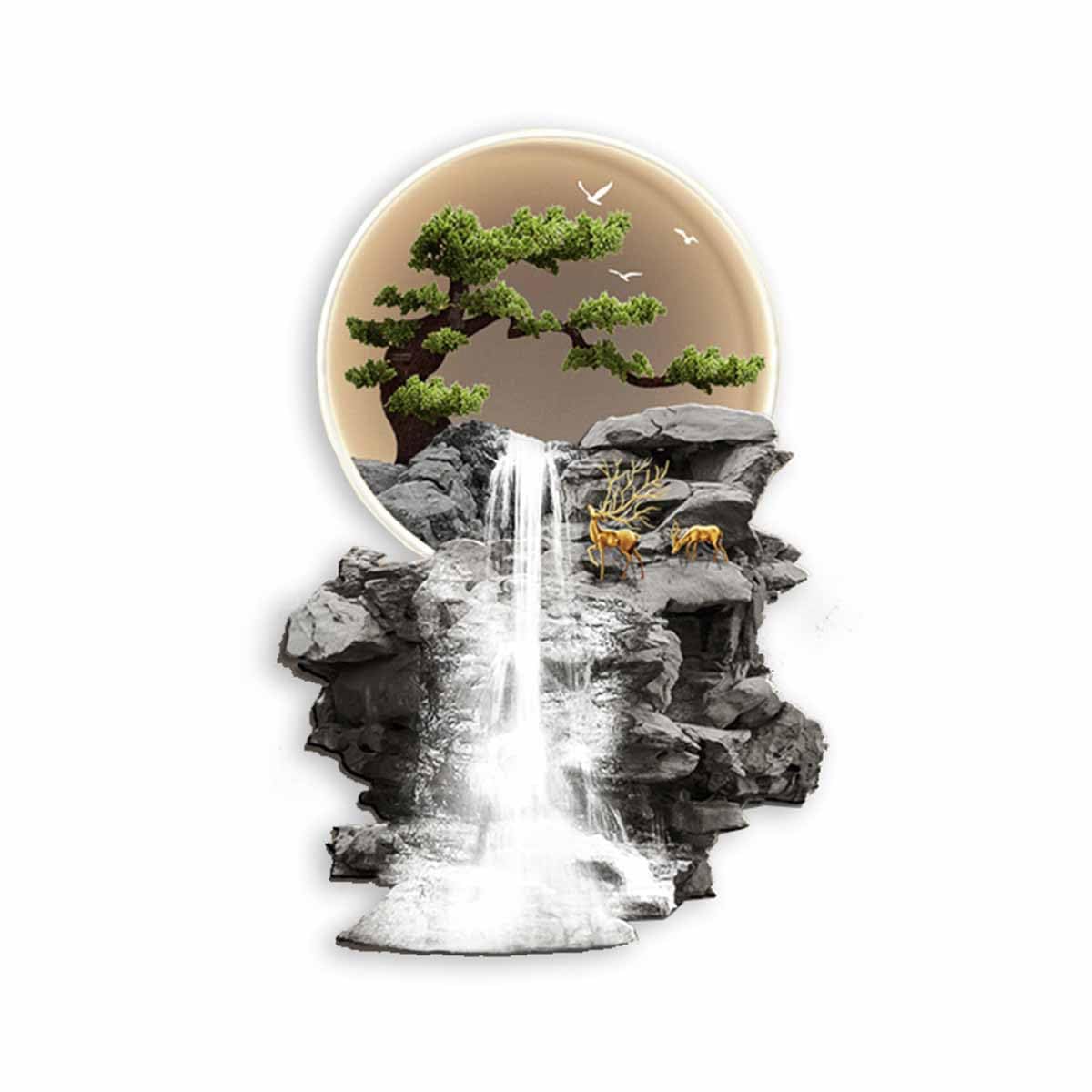 YFQHRXYS 3D Oriental Waterfall Wall Art with LED Light,Oriental Welcoming Pine Landscape for Living Room Office Decor,Modern Art Wall Decor Sculptures, Plug-in Power Supply, Remote Control（50 * 75cm）