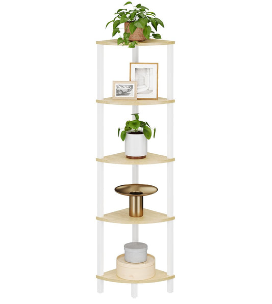 VIMBER Corner Shelf, 5-Tier Corner Bookshelf, Industrial Corner Ladder Shelf, Rustic Display Shelf for Living Room, Bedroom, Kitchen, Home Office, White and Nature Wood Color UJSJ001Q