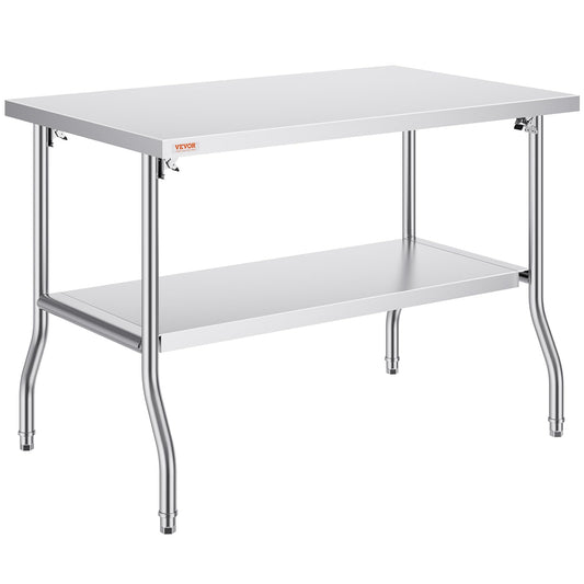 VEVOR Stainless Steel Foldable Work Table, 30 * 48 Inch Heavy Duty Food Outdoor Double Layer Stainless Steel Worktable for Commercial Kitchen Restaurant