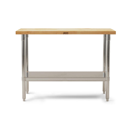 John Boos Maple Wood Top Work Table, 48”x24”x36” – 1.5” Thick Tabletop, 86-lb Kitchen Station with Wooden Edge-Grain Table & Steel Base, & Adjustable Shelf