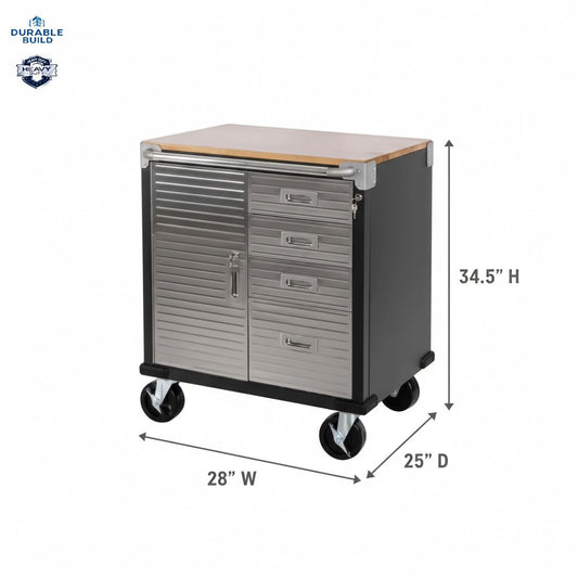 Rolling Tool Cabinet with Solid Wood Top, Heavy Duty Metal Storage Cart with 4 Drawers & Lockable Tambour Door, Mobile Utility Workbench on Wheels for Garage, Workshop, Office (Graphite Black)