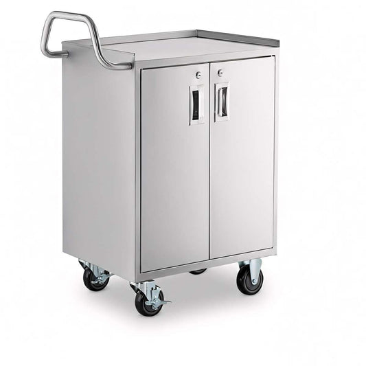 16" x 24" Stainless Steel Utility Cart with Enclosed Base and Locking Doors - 3 Shelf Heavy-Duty 18-Gauge 304 Steel Rolling Cabinet - NSF Commercial Service Cart for Kitchen, Catering, Restaurant