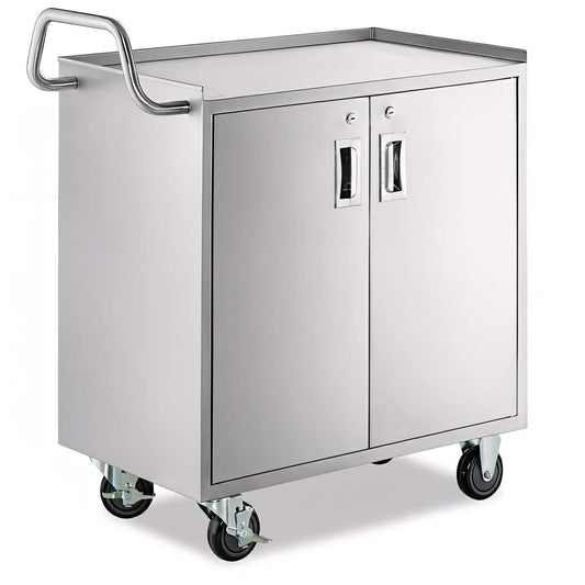 18" x 30" Stainless Steel Utility Cart with Enclosed Base and Locking Doors - Commercial NSF 3 Shelf Service Cart, Heavy-Duty Mobile Storage Cabinet for Kitchen, Catering, Restaurant Storage