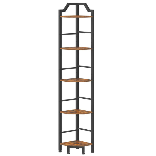 HOOBRO Narrow Corner Shelf Stand, 5-Tier Corner Shelf, 63” Tall Multipurpose Corner Bookshelf, Standing Display Shelf Plant Stand, for Living Room, Study, Kitchen, Rustic Brown and Black BF100CJ01