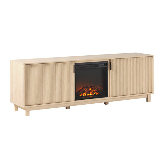 Walker Edison Arundo Reeded TV Stand with Fireplace & Storage, 70" Fireplace, Coastal Oak