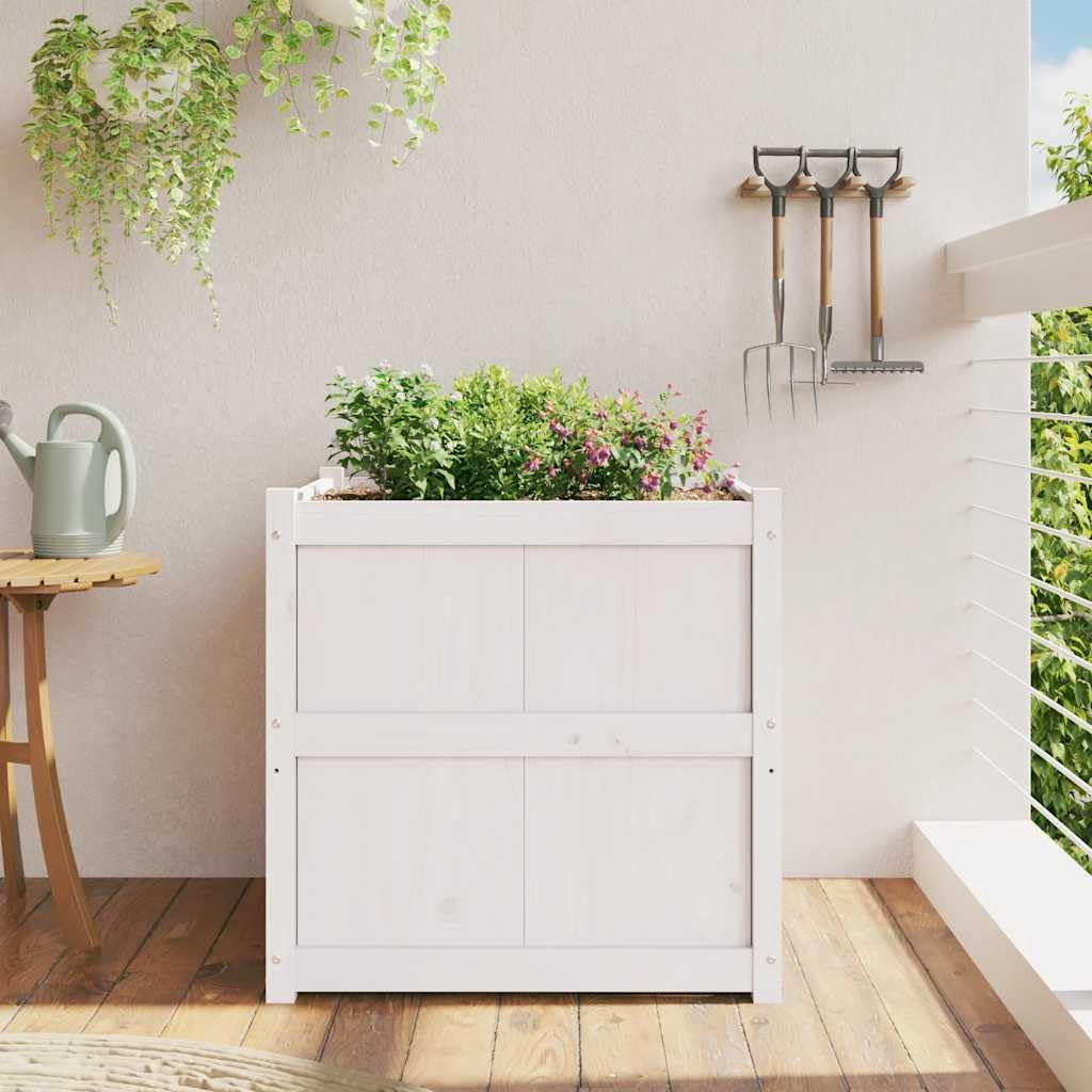 Foknhdi Square 27.6" White Large Planter Box Solid Pine Wood Plant Pot Raised Garden Bed for Outdoor Flowers Herbs Patio Balcony Garden