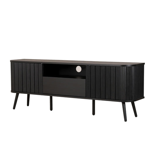 JONATHAN Y Damien 70" Mid-Century Fluted Wood TV Stand for TVs up to 75 Inch, Entertainment Center with Soft-Close Doors and Drawer, Media Console for Living Room, Black TVS1001C