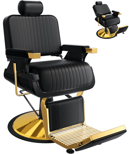 Vintage Barber Chair, Reclining Barber Chair for Barbershop, Heavy Duty Hydraulic All Purpose Salon Chair Hair Stylist w/Removable Headrest, Professional Beauty Spa Shampoo Equipment, Black Gold