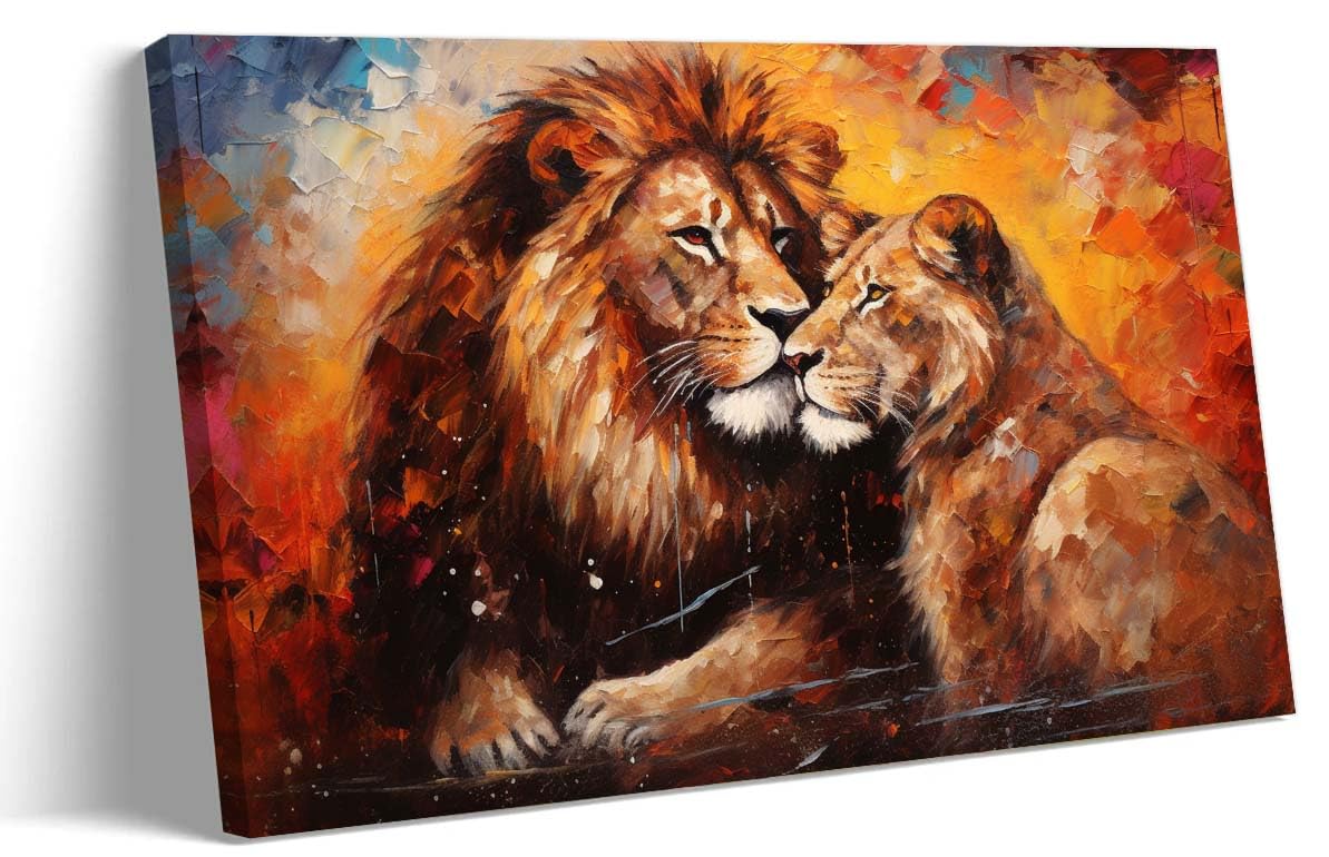 Lnzinro Lion and Lioness Wall Art Framed Pictures Prints Retro Abstract Lion Lioness Wall Art Animal Poster for Room Decor 12x18 inches