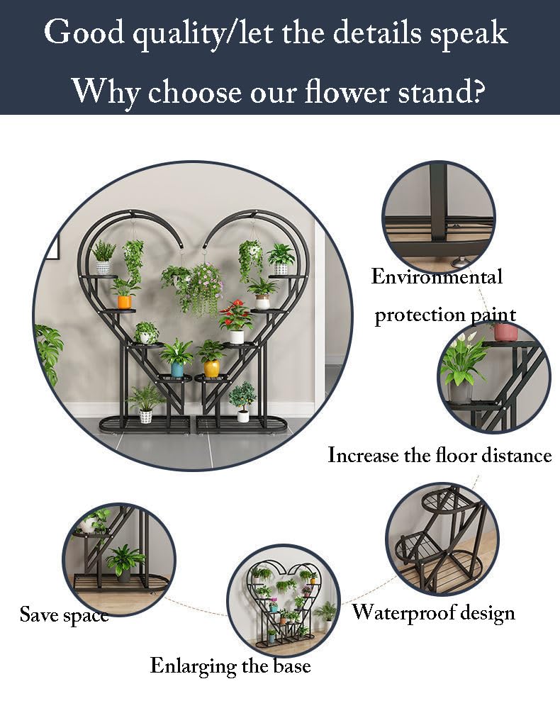 Eiwitany Floor-Standing Wrought Iron Flower Stand Installation Simple Load-Bearing Strong Home Living Room Balcony Heart-Shaped Shelf (Blue)