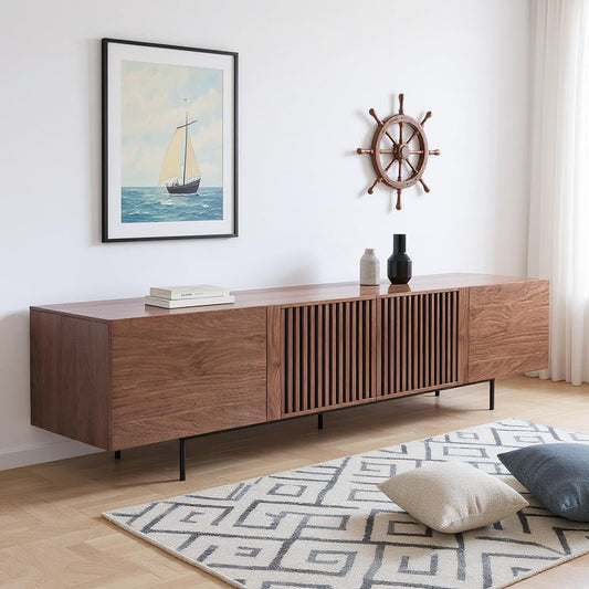 gaoyangjiaju 94.48" Mid Century Modern TV Stand for TVs up to 70"-90",Tv Console with 4 Storage Cabinets, Media Furniture for Living Room or Bedroom,Walnut